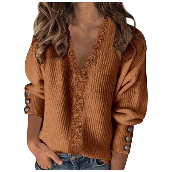 zaveiop Womens Lace Trim on V Neck Line Sweaters Lightweight Solid Color Long Sleeve Button Decorated Cuffs Pullover Tops (Brown, XL)