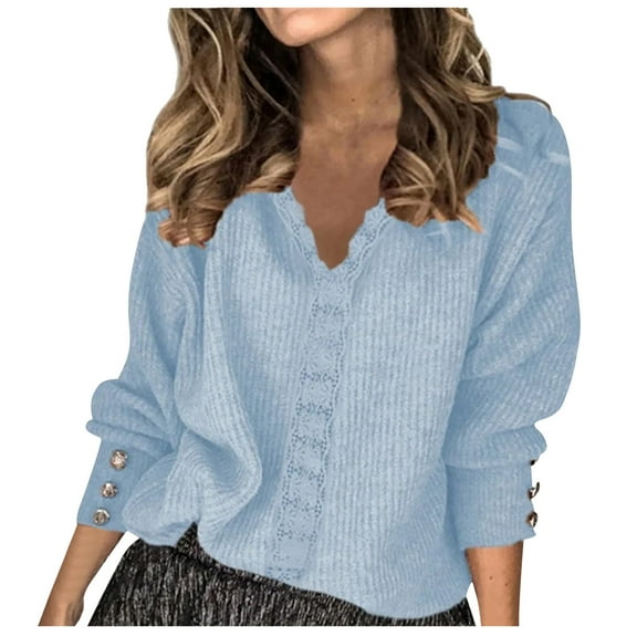 zaveiop Womens Lace Trim on V Neck Line Sweaters Lightweight Solid Color Long Sleeve Button Decorated Cuffs Pullover Tops (Light Blue, S)