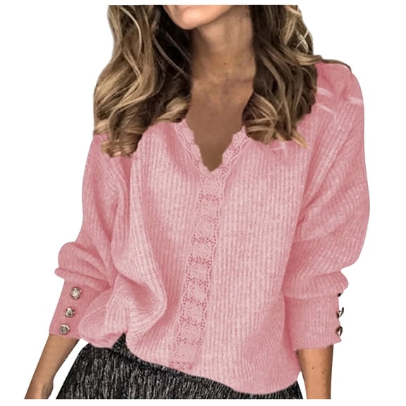 zaveiop Womens Lace Trim on V Neck Line Sweaters Lightweight Solid Color Long Sleeve Button Decorated Cuffs Pullover Tops (Pink, XL)