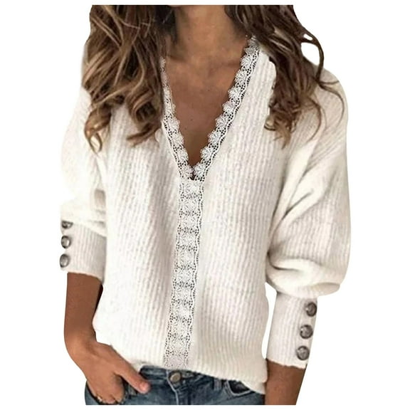 zaveiop Womens Lace Trim on V Neck Line Sweaters Lightweight Solid Color Long Sleeve Button Decorated Cuffs Pullover Tops (White, L)