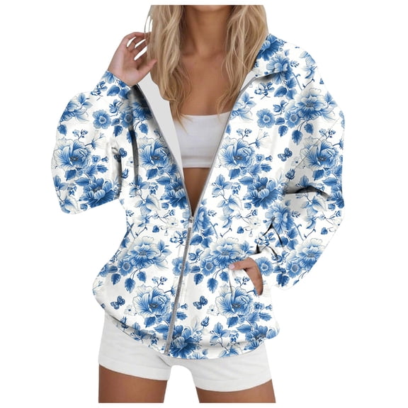 zaveiop Womens Long Sleeve Zip up Sweatshirts Sunflower Full Zipper Lightweight Hoodless Casual Loose Fit Plus Size Outwear Coat (Z1-Blue, XXL)