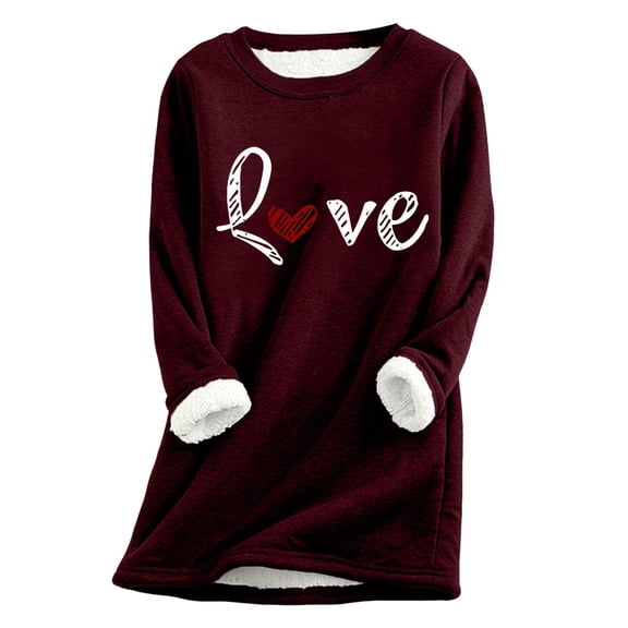 zaveiop Womens Love Print Sherpa Lined Sweatshirt Warm Winter Crewneck Long Sleeve Thick Fleece Pullover Loose Casual Thermal Tunic Tops (Z3-Wine, L)