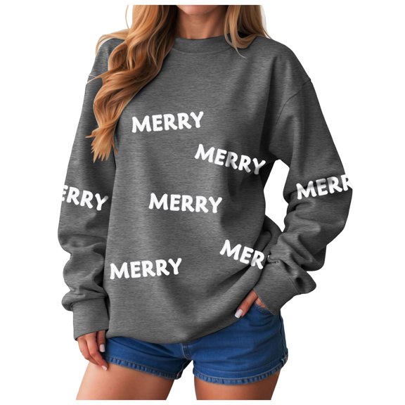 zaveiop Womens Merry Christmas Sweatshirt Xmas Merry Crewneck Pullover Sweater Long Sleeve Shirt Holiday Top Winter Clothes (Z4-Dark Gray, L)