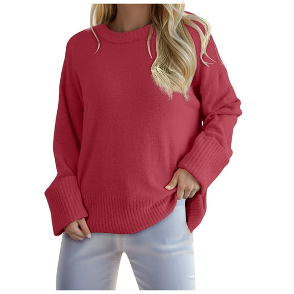 zaveiop Womens Oversized Crew Neck Sweater Fall Long Sleeve Knit Tops Trendy Casual Loose Fit Pullover Sweaters (Z-Red, XL)