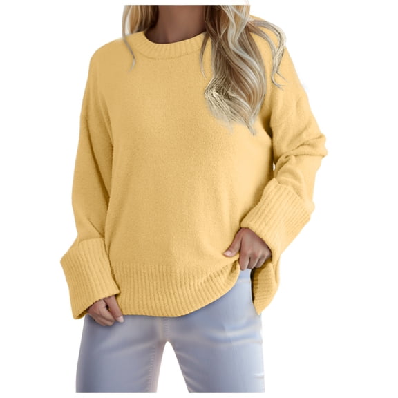 zaveiop Womens Oversized Crew Neck Sweater Fall Long Sleeve Knit Tops Trendy Casual Loose Fit Pullover Sweaters (Z-Yellow, XL)