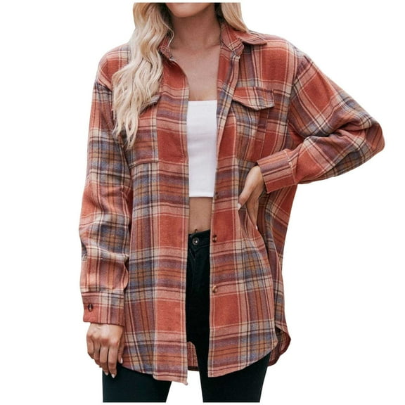 zaveiop Womens Oversized Flannel Plaid Shirts Casual Button Down Blouse Tops with Pockets (Z3-Brick Red, M)