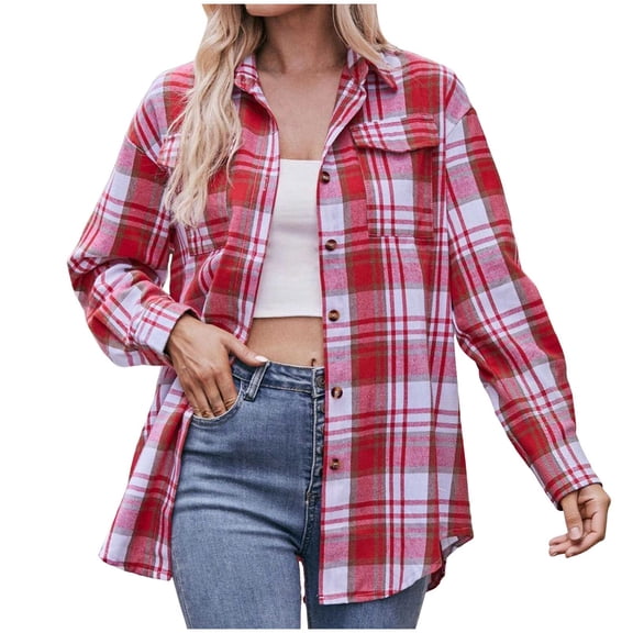 zaveiop Womens Oversized Flannel Plaid Shirts Casual Button Down Blouse Tops with Pockets (Z3-Red, M)