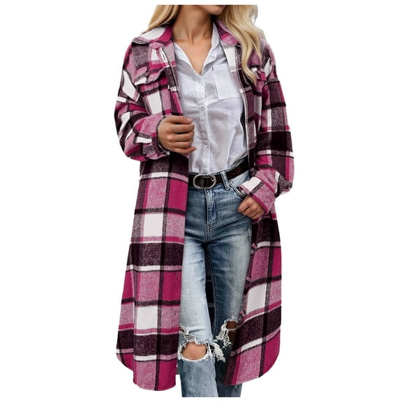 zaveiop Womens Plaid Shacket Jacket Long Corduroy Shirt Casual Lapel Button Down Flannel Trench Coats (Hot Pink, XXL)