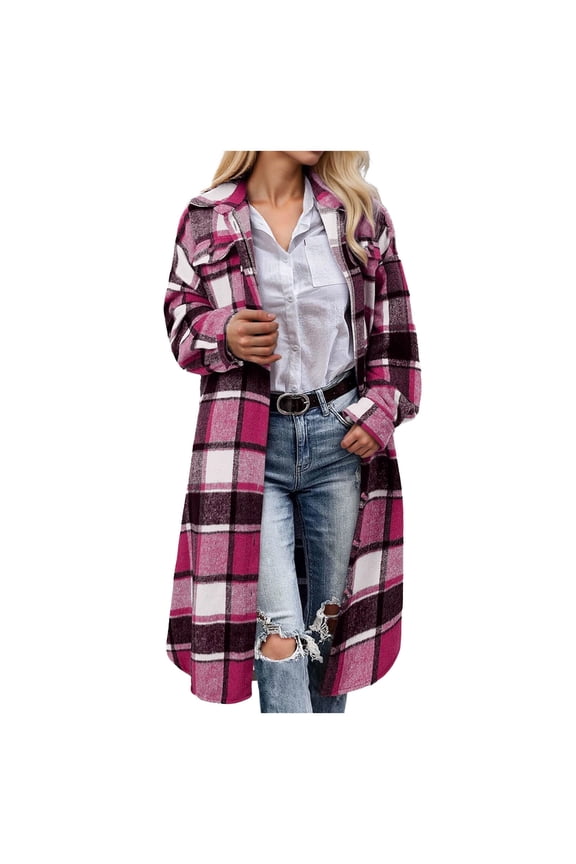Womens Plaid Shacket Jacket Long Corduroy Shirt Casual Lapel Button Down Flannel Trench Coats (Hot Pink, XXL)