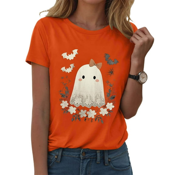 zaveiop Womens Pumpkin Spooky Halloween Shirts Cute Short Sleeve Grapghic Tee Yellow Ghost Orange Tops Costumes Fall 2025 (Z1-Orange, 3XL)