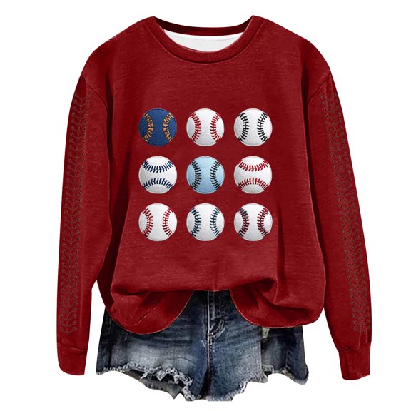 zaveiop Womens Sparkle Baseball Sequin Sweatshirt French Terry Y2K Crewneck Oversized Shirt Long Sleeve Pullover (Z1-Red, S)