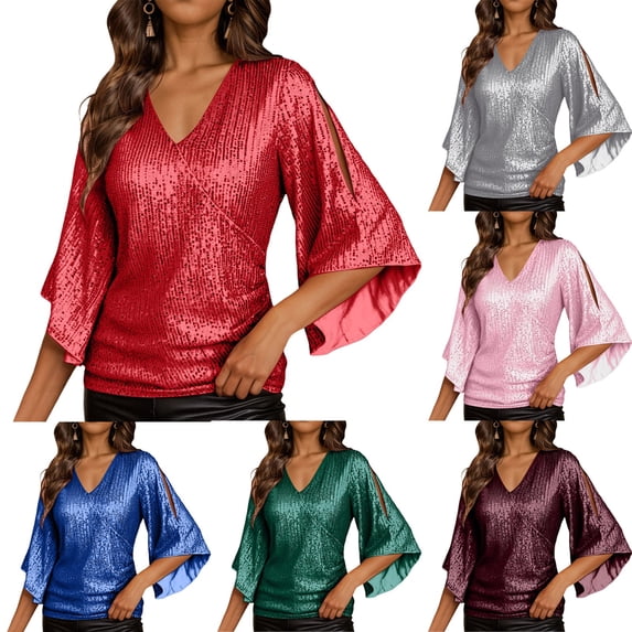 zaveiop Womens Sparkly Sequin Tops,3/4 Sleeve Glitter Party Dressy Blouse,V-Neck Disco Evening Club Concert Shirt (Pink, XL)