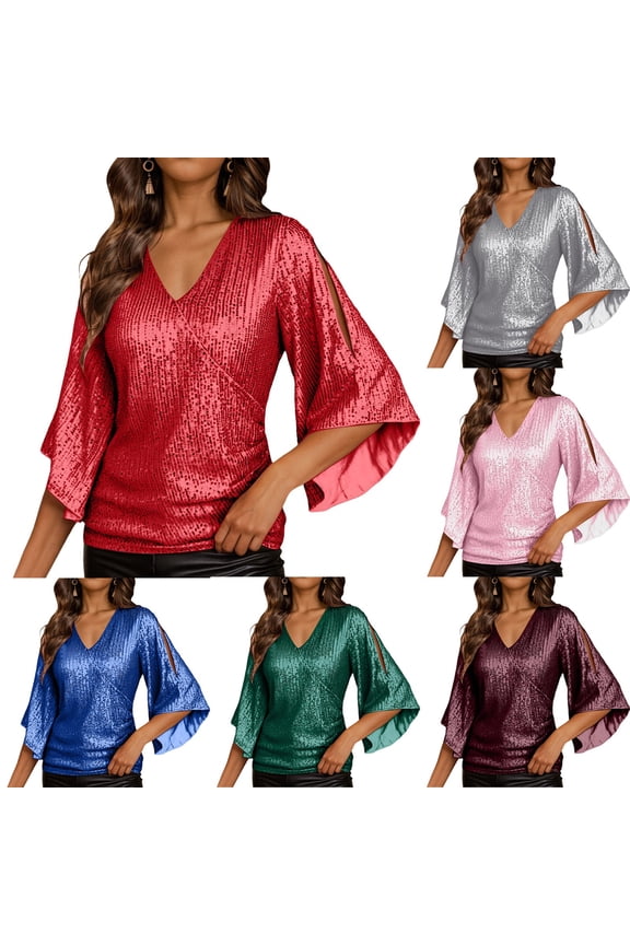 Womens Sparkly Sequin Tops,3/4 Sleeve Glitter Party Dressy Blouse,V-Neck Disco Evening Club Concert Shirt (Pink, XL)