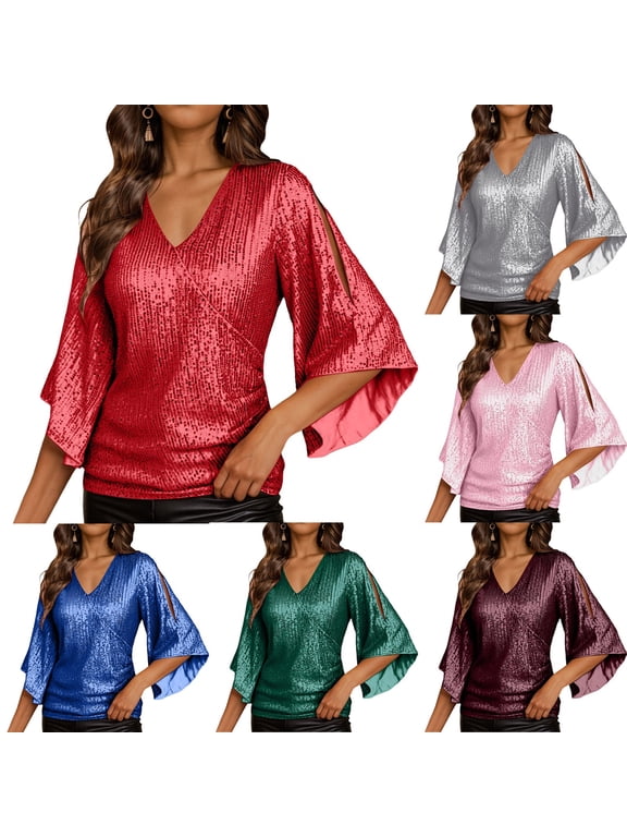 Womens Sparkly Sequin Tops,3/4 Sleeve Glitter Party Dressy Blouse,V-Neck Disco Evening Club Concert Shirt (Red, 3XL)