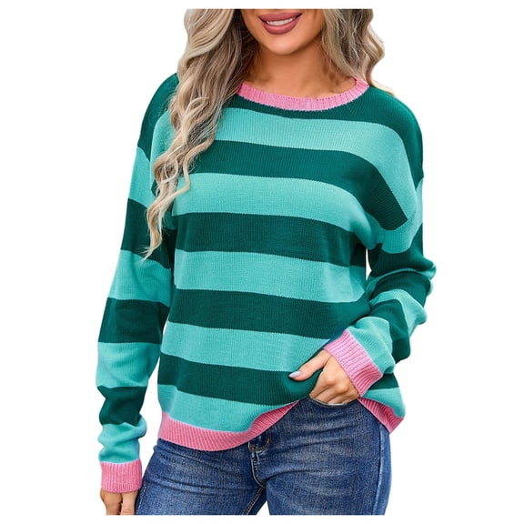 zaveiop Womens Striped Sweaters Long Sleeve Cable Knitted Color Block Casual Loose Lightweight Oversized Sweaters Pullover (Z2-Green, XL)