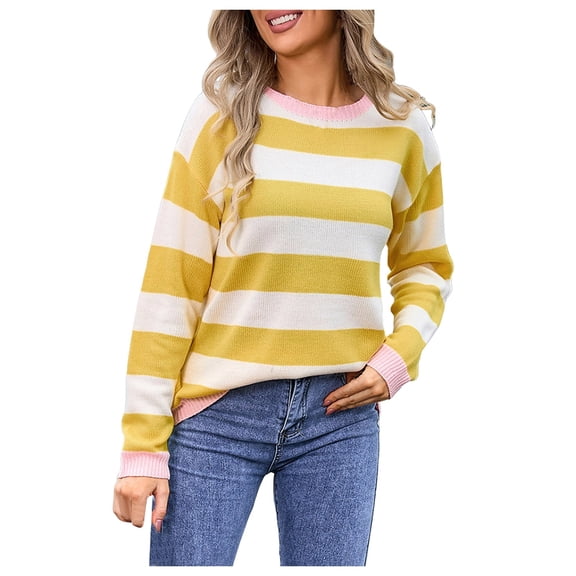 zaveiop Womens Striped Sweaters Long Sleeve Cable Knitted Color Block Casual Loose Lightweight Oversized Sweaters Pullover (Z2-Yellow, M)