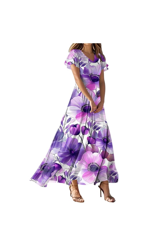 Womens Summer Trendy Casual Maxi Dresses Floral Print Lightweight Ruffle Sleeve Swing Boho Vacation Beach Sundress (Z3-Purple, L)