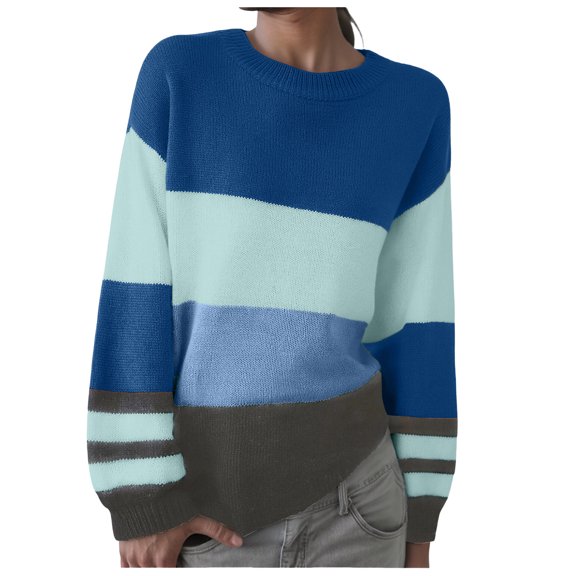 zaveiop Womens Sweaters Striped Fall Winter Outfits 2025 Crewneck Drawstring Color Block Fashion Clothing (Blue, 3XL)