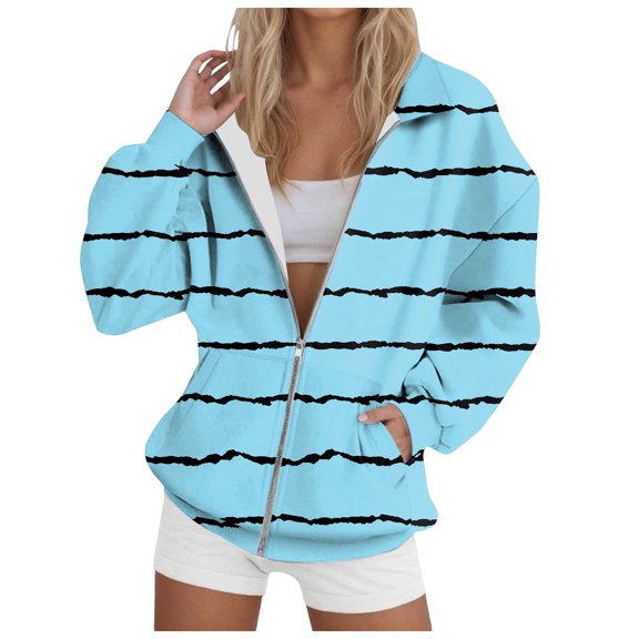 zaveiop Womens Sweatshirt Hoodie Lightweight Casual Zipper Hoodless Sweatshirt Long Sleeve Solid Color Pullover Fashionable Loose Fit Jacket (Z4-Sky Blue, L)