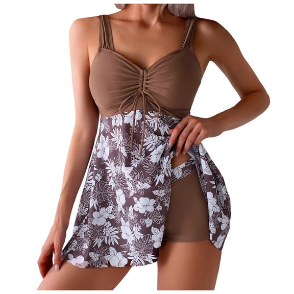 zaveiop Womens Swim Dress Swimsuit One Piece Tummy Control Bathing Suit Flowy Body Shaping Swimwear (Coffee, S)