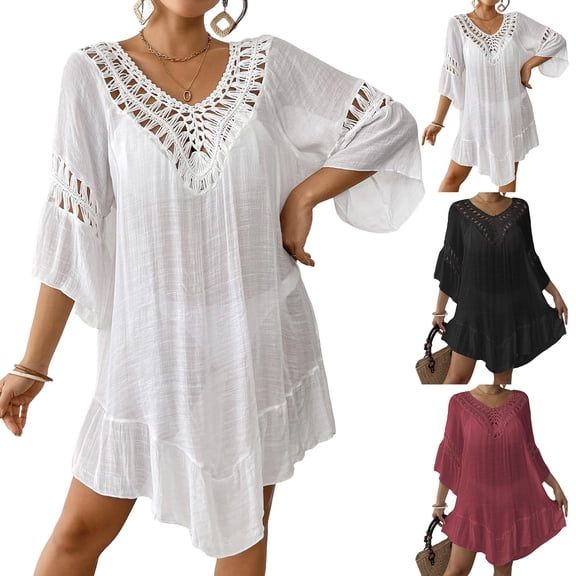 zaveiop Womens Swimsuits Cover ups Crochet Chiffon Beach Cover Bathing Suit Bikini Wear Coverups Dress (Black, One Size)