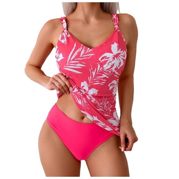 zaveiop Womens Tankini Swimsuits V Neck Push up Swim Top Color Block Tummy Control High Waisted Bathing Suits Swim Bottom (Orange, M)