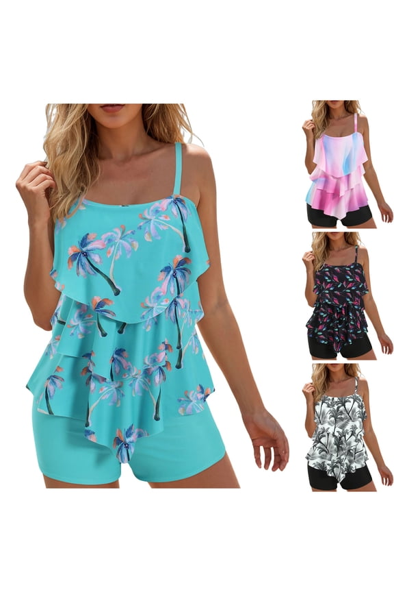Womens Tankini Swimsuits with Boy Shorts Tummy Control Plus Size Modest Flounce Vintage Tank Top Two Piece Bathing Suits (Black, 5XL)
