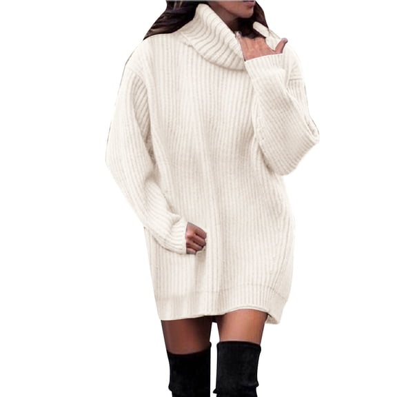 zaveiop Womens Turtleneck Oversized Long Sweater Dress 2025 Plus Size Tunic Pullover Knit Winter Dresses (Z2-White, L)