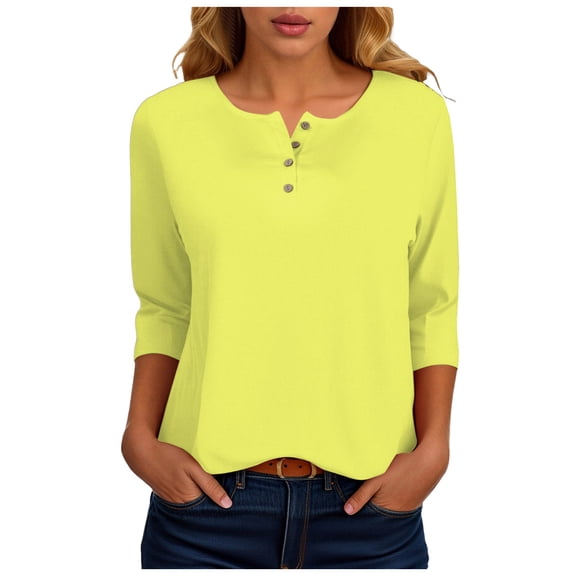 zaveiop Womens V Neck 3/4 Sleeve T-Shirts Solid Color Casual Basic Tops Summer 2025 Tees Blouses Loose Fit Pullover 2025 (Z-Gold, S)