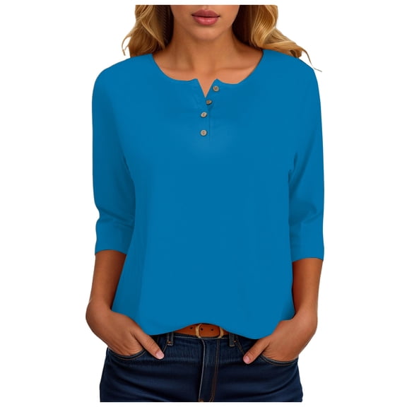 zaveiop Womens V Neck 3/4 Sleeve T-Shirts Solid Color Casual Basic Tops Summer 2025 Tees Blouses Loose Fit Pullover 2025 (Z-Sky Blue, M)