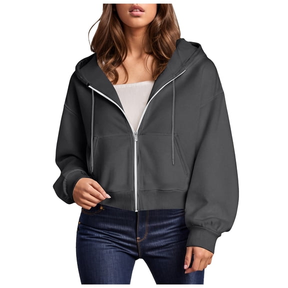 zaveiop Womens Zip up Hoodies Cropped Sweatshirts Casual Comfy Cute Zip Jackets Fashion Trendy Fall Outfits 2025 Y2K Clothes (Z1-Dark Gray, M)