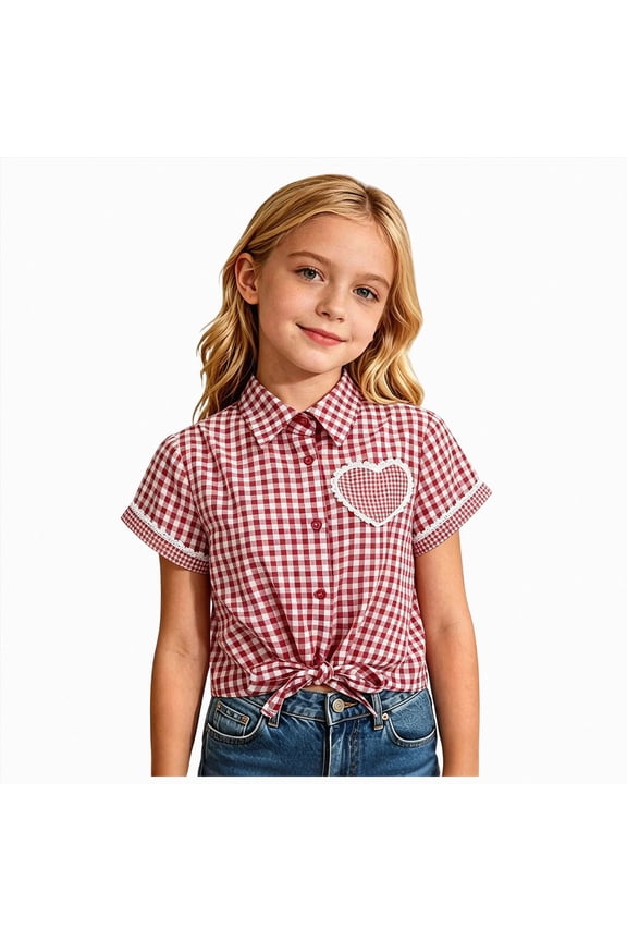 Y2k Button Down Shirt Short Sleeve Gingham Plaid Striped Crop Tops Vintage Teen Girl Going Out Blouse (Red, 9-10 Years)