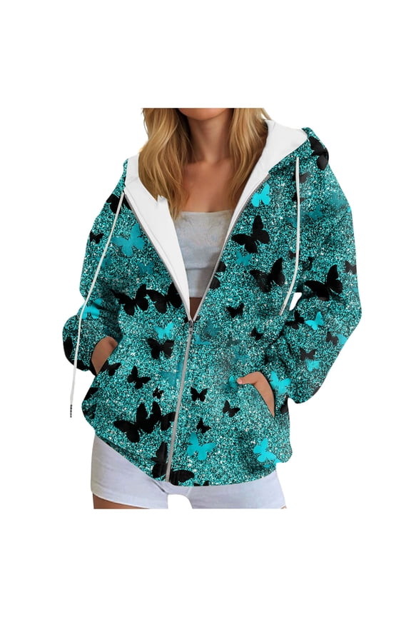 Zip up Hoodie Women Butterfly Graphic Hoodies Long Sleeve Oversized Y2K Sweatshirts Cute jackets Plus Size for Girls (Dark Green, 3XL)