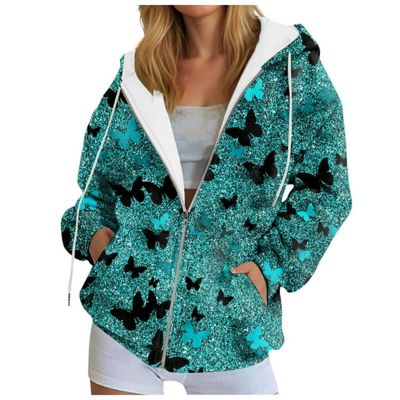 zaveiop Zip up Hoodie Women Butterfly Graphic Hoodies Long Sleeve Oversized Y2K Sweatshirts Cute jackets Plus Size for Girls (Dark Green, L)