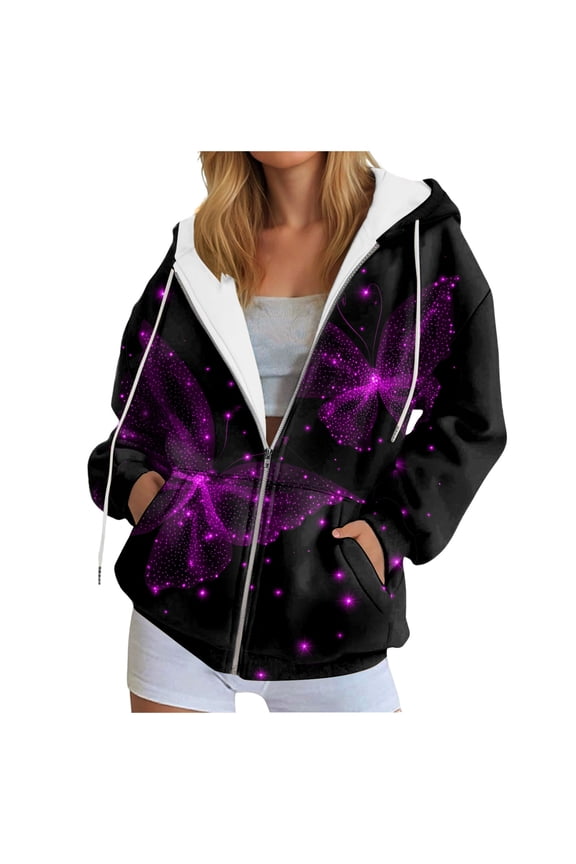 Zip up Hoodie Women Butterfly Graphic Hoodies Long Sleeve Oversized Y2K Sweatshirts Cute jackets Plus Size for Girls (Dark Purple, XL)