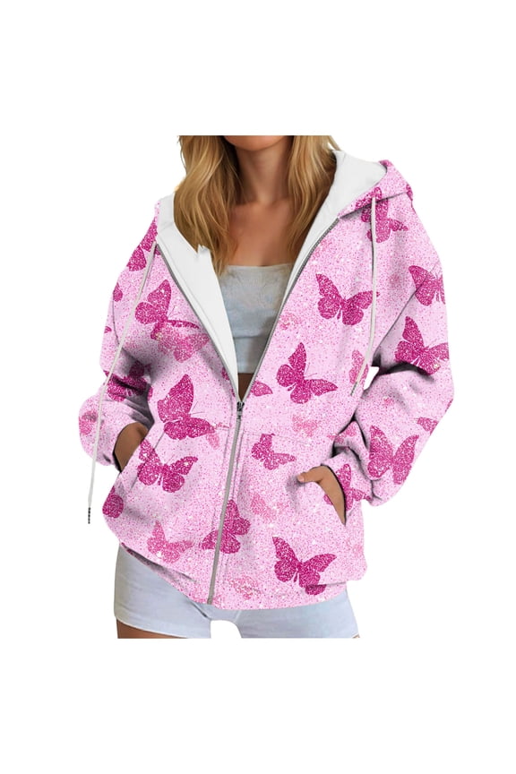 Zip up Hoodie Women Butterfly Graphic Hoodies Long Sleeve Oversized Y2K Sweatshirts Cute jackets Plus Size for Girls (Pink, XXL)