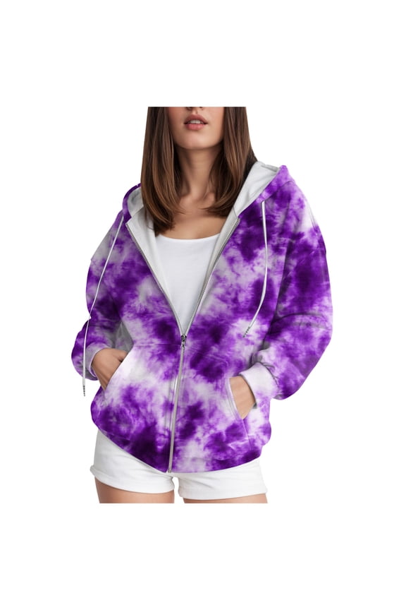 Zip up Hoodies for Women Tie-Dye Acid Wash Oversized Sweatshirt Fall Fashion Jacket Cute Y2k Winter Teen Girls Pullover (Purple, 6XL)