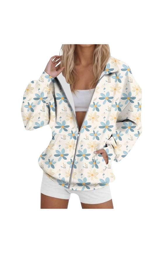 Zip up Sweatshirt Women No Hood Heart Print Comfort Oversized Sweatshirt Cardigan Jacket Zipper Hoodless Hoodies (Beige, M)