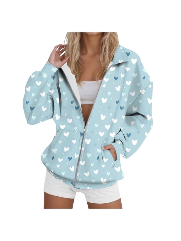 Zip up Sweatshirt Women No Hood Heart Print Comfort Oversized Sweatshirt Cardigan Jacket Zipper Hoodless Hoodies (Z2-Blue, XXL)