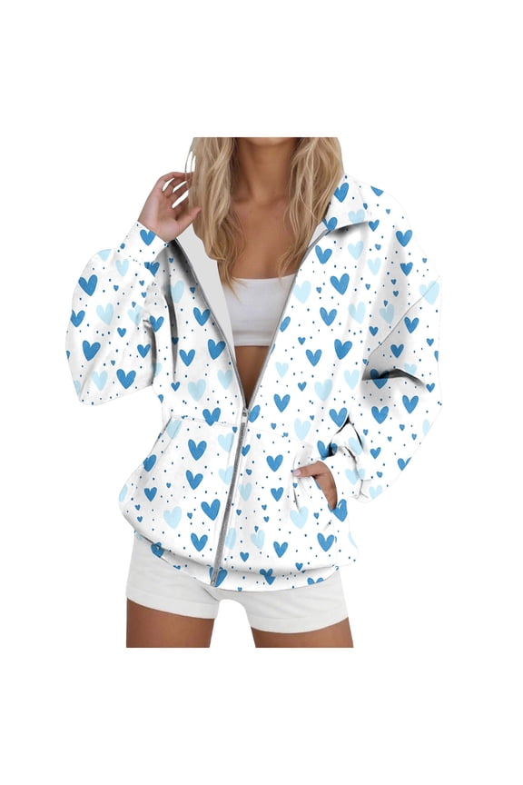 Zip up Sweatshirt Women No Hood Heart Print Comfort Oversized Sweatshirt Cardigan Jacket Zipper Hoodless Hoodies (Z2-Sky Blue, S)