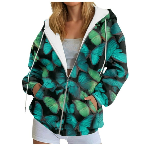 zaveiop Zipper Hoodies for Women Graphic Zip up Hoodie Long Sleeve Sweatshirts Floral Y2k Jackets Fall Outfits with Pockets (Z1-Dark Green, XXL)