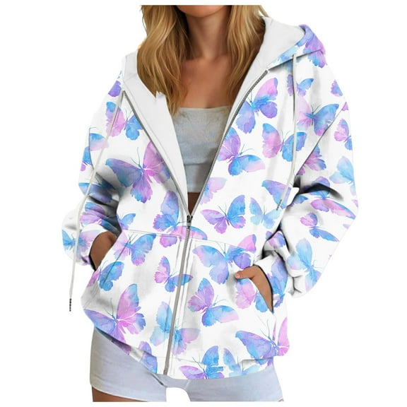 zaveiop Zipper Hoodies for Women Graphic Zip up Hoodie Long Sleeve Sweatshirts Floral Y2k Jackets Fall Outfits with Pockets (Z1-Light Purple, S)