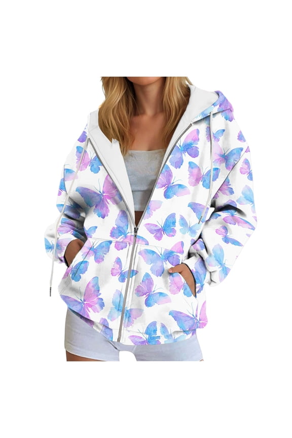 Zipper Hoodies for Women Graphic Zip up Hoodie Long Sleeve Sweatshirts Floral Y2k Jackets Fall Outfits with Pockets (Z1-Light Purple, XXL)