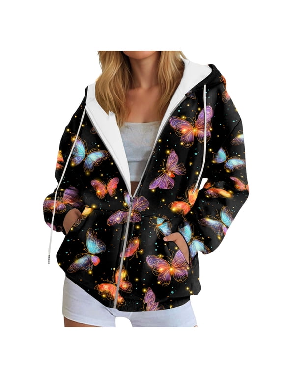 Zipper Hoodies for Women Graphic Zip up Hoodie Long Sleeve Sweatshirts Floral Y2k Jackets Fall Outfits with Pockets (Z1-Pink, XL)