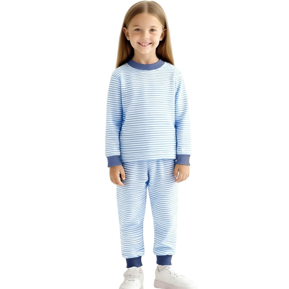 zbxnLI 2 Piece Thermal Underwear Sets for Kids Crew Neck Long Sleeve Striped Shirts and Pants Fall Winter Warm Outfits