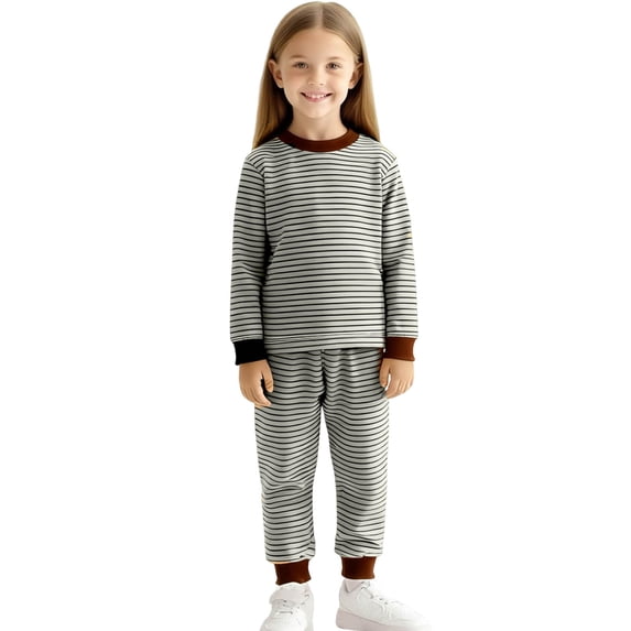 zbxnLI 2 Piece Thermal Underwear Sets for Kids Crew Neck Long Sleeve Striped Shirts and Pants Fall Winter Warm Outfits