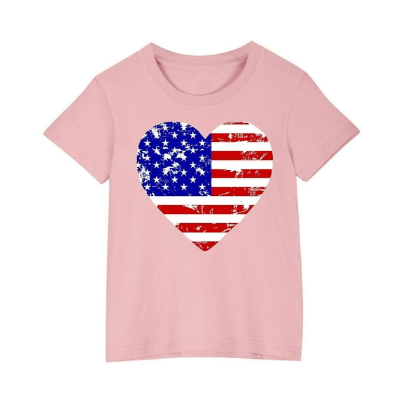 zbxnLI 3-10 Years Girls 4th July Shirts Heart Graphic T-Shirts for Kids Independent Days Short Sleeve Tops
