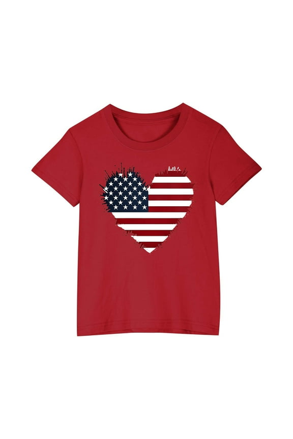 3-10 Years Girls 4th July Shirts Heart Graphic T-Shirts for Kids Independent Days Short Sleeve Tops