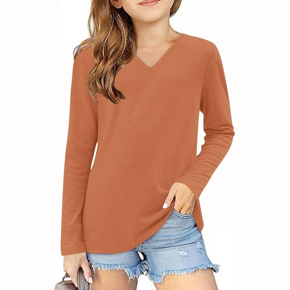zbxnLI 3-14 Years Girls Long Sleeve Shirts Fall Winter Basic Tee Solid Color Casual T-Shirt for Kids