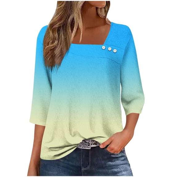 zbxnLI 3/4 Length Sleeve Women's Tops Square Neck Tunic Top Gradient Graphic Casual Dressy Blouses